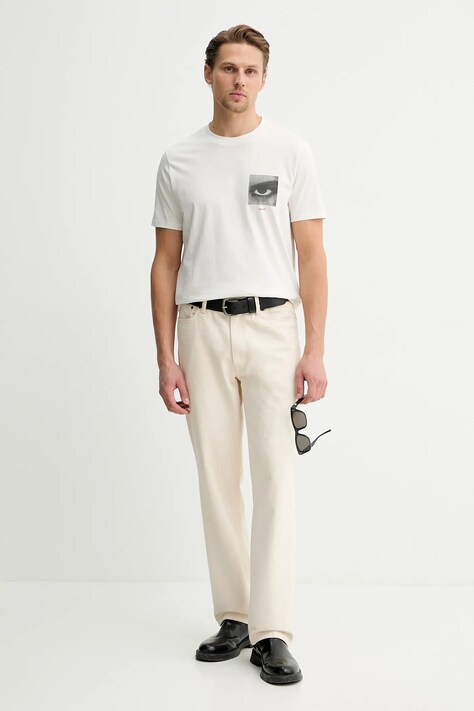 HUGO t-shirt bawełniany  Deyss męski kolor beżowy z nadrukiem 50553755