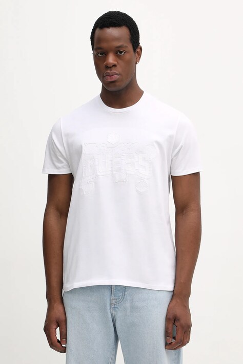 Bavlněné tričko Guess pánské, bílá barva, s aplikací, M6RI04 I3Z14