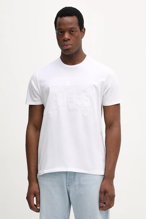 Bavlněné tričko Guess pánské, bílá barva, s aplikací, M6RI04 I3Z14