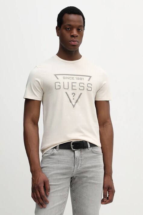 Guess t-shirt bawełniany męski kolor beżowy z nadrukiem M6RI09 I3Z14