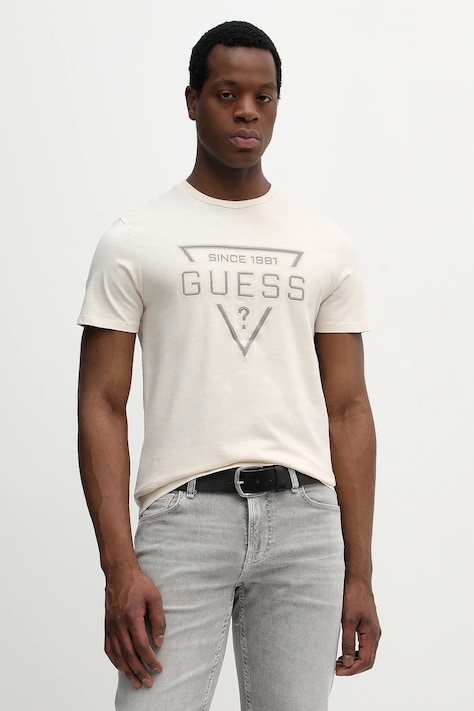 Guess t-shirt bawełniany męski kolor beżowy z nadrukiem M6RI09 I3Z14