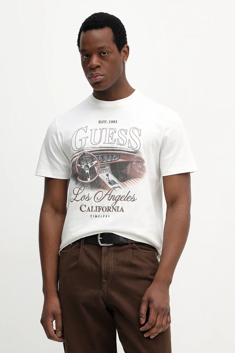 Guess t-shirt bawełniany męski kolor beżowy z nadrukiem M6RI13 K8FQ4