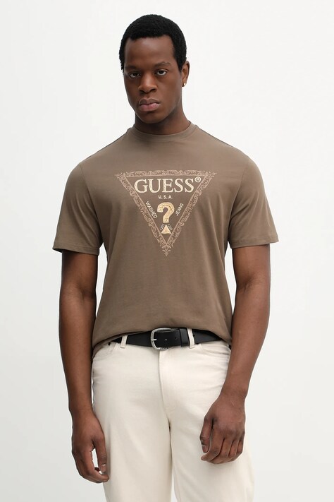 Guess t-shirt bawełniany męski kolor brązowy wzorzysty M6RI15 I3Z14