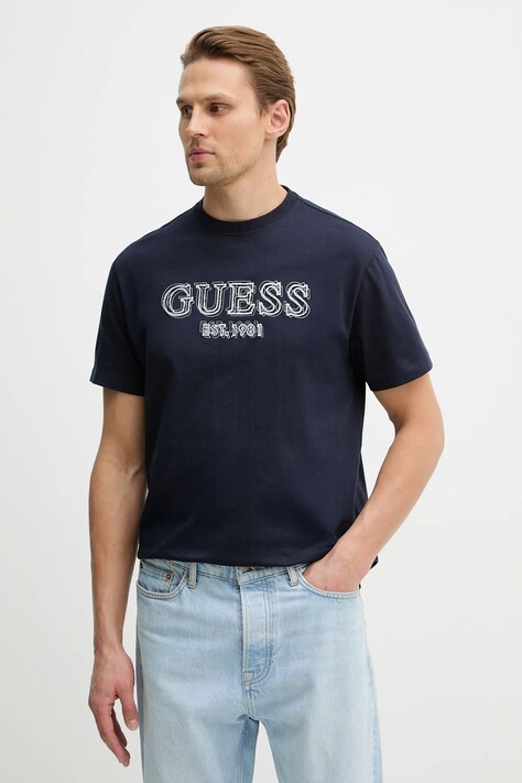Guess t-shirt bawełniany męski kolor granatowy z aplikacją M6RI22 K8FQ4