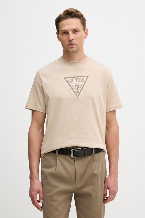 Guess t-shirt bawełniany TERRY męski kolor beżowy z aplikacją M6RI23 K8FQ4