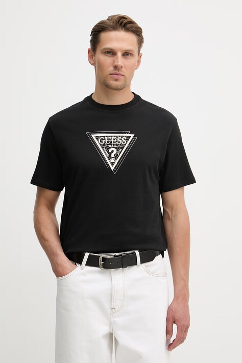 Guess t-shirt bawełniany TERRY męski kolor czarny z aplikacją M6RI23 K8FQ4