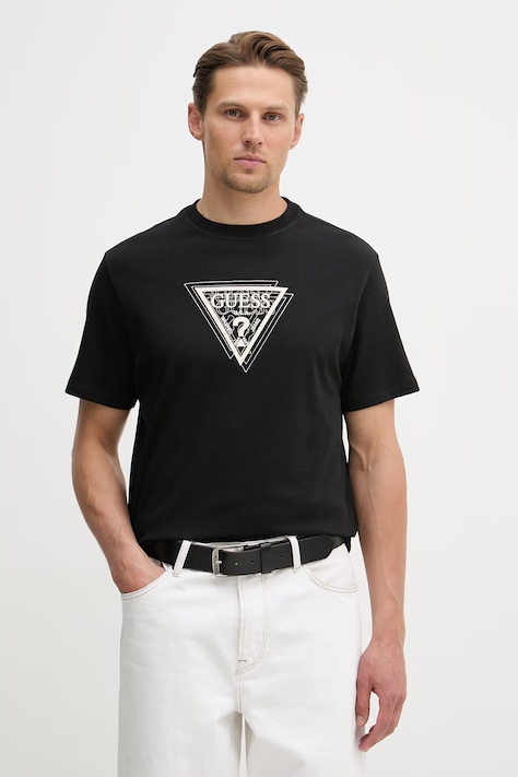 Памучна тениска Guess TERRY в черно с апликация M6RI23 K8FQ4