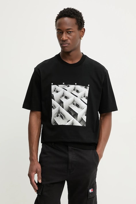 Памучна тениска HUGO Dodger в черно с принт 50553330