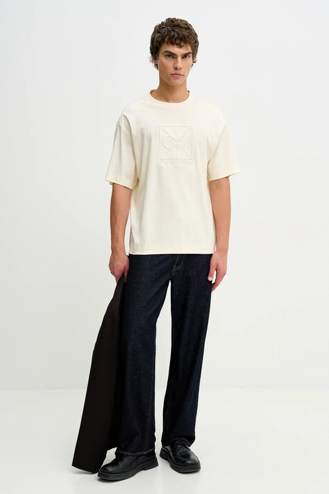 Calvin Klein t-shirt bawełniany męski kolor beżowy gładki LV04LE200G