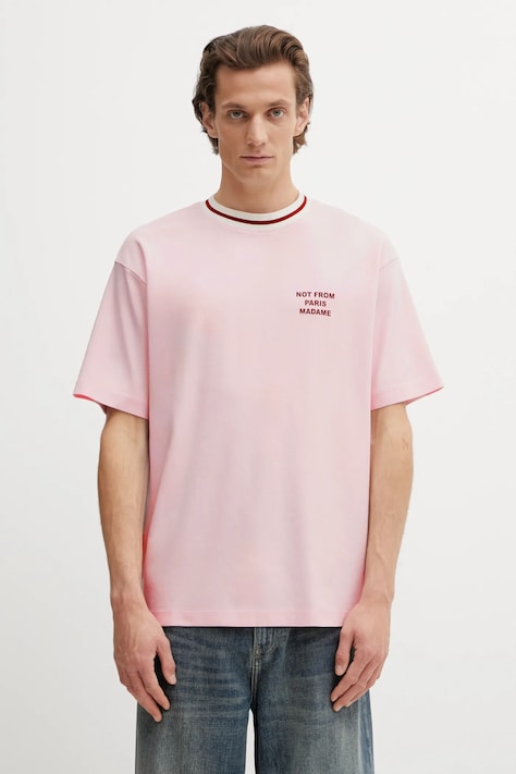 Bavlněné tričko Drôle de Monsieur Slogan Sport pánské, růžová barva, s potiskem, J.TS189.CO002.LPI