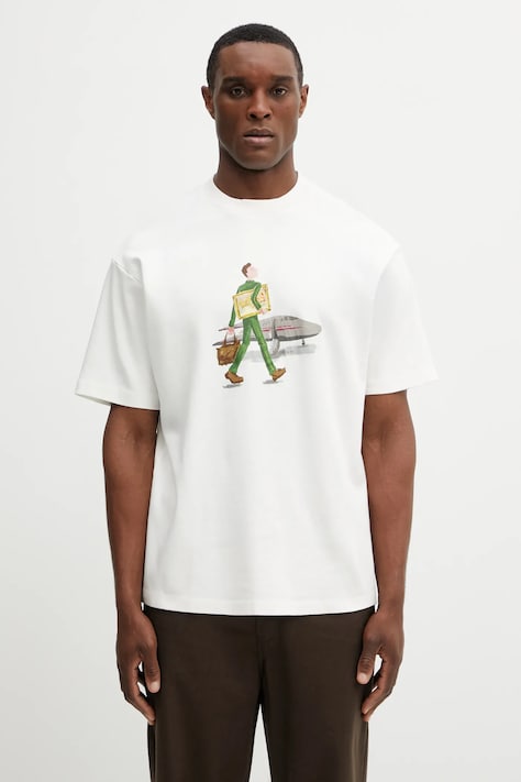 Bavlněné tričko Drôle de Monsieur LHomme Au Tableau pánské, béžová barva, s potiskem, J.TS290.CO002.OW