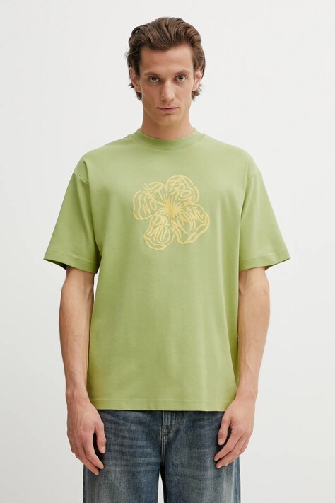 Bavlněné tričko Drôle de Monsieur Slogan Hibiscus pánské, zelená barva, s potiskem, J.TS292.CO002.LOL