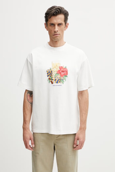 Drôle de Monsieur T-shirt męski bawełniany Hibiscus Club beżowy K-TS300-CO002-OW