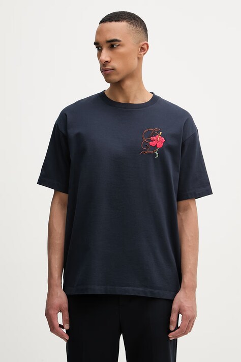 Drôle de Monsieur D Hibiscus Broddée t-shirt męski bawełniany granatowy K-TS316-CO248-NY
