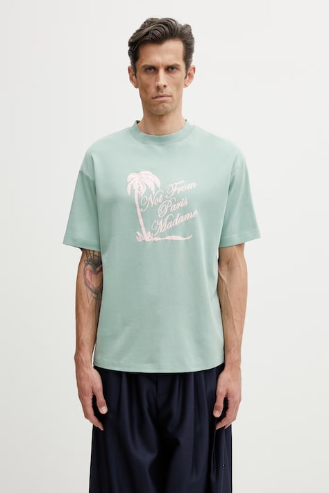 Drôle de Monsieur Slogan Palmiers T-shirt bawełniany męski turkusowy K-TS297-CO002-WG