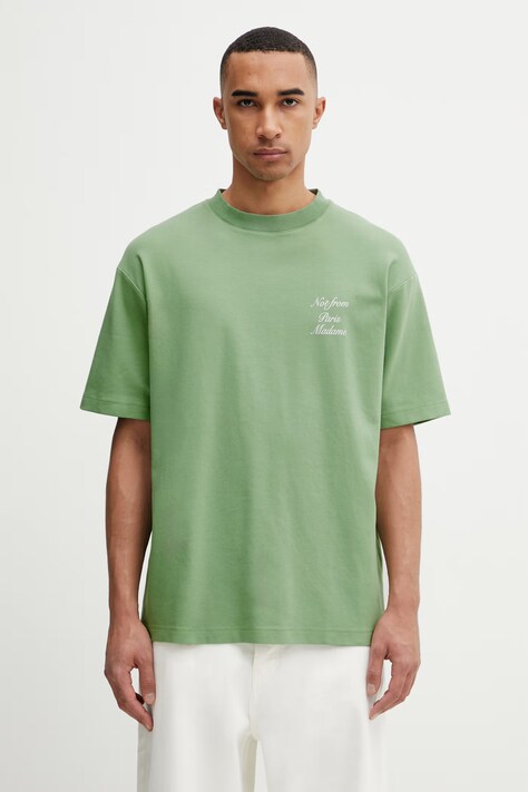 Drôle de Monsieur Le T-Shirt Slogan Calligraphy t-shirt bawełniany męski zielony K-TS209-CO002-LGN