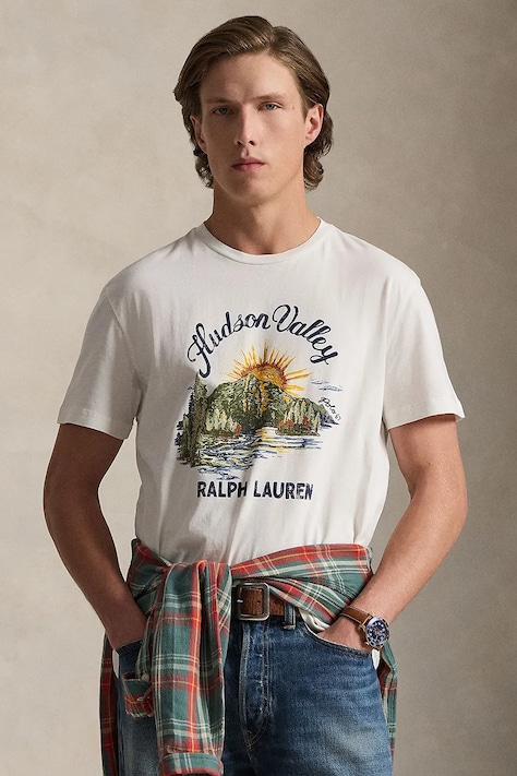 Polo Ralph Lauren t-shirt bawełniany męski kolor beżowy z aplikacją 710P04881