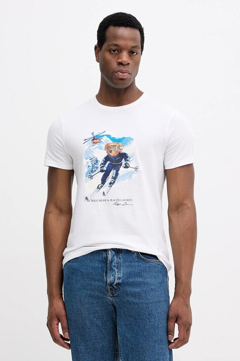 Bavlněné tričko Polo Ralph Lauren pánské, bílá barva, s potiskem, 710P07343