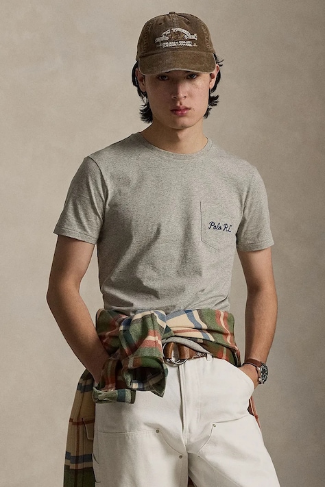 Polo Ralph Lauren tricou din bumbac culoarea gri, cu imprimeu, 710P07348
