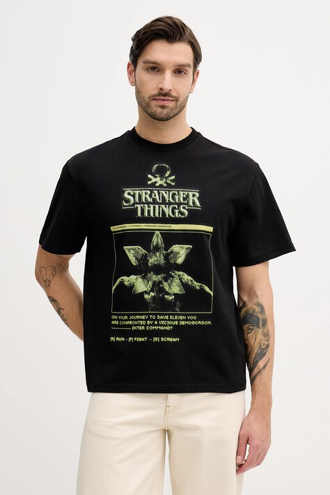 United Colors of Benetton t-shirt bawełniany x Stranger Things męski kolor czarny z nadrukiem 3BL0U10BB