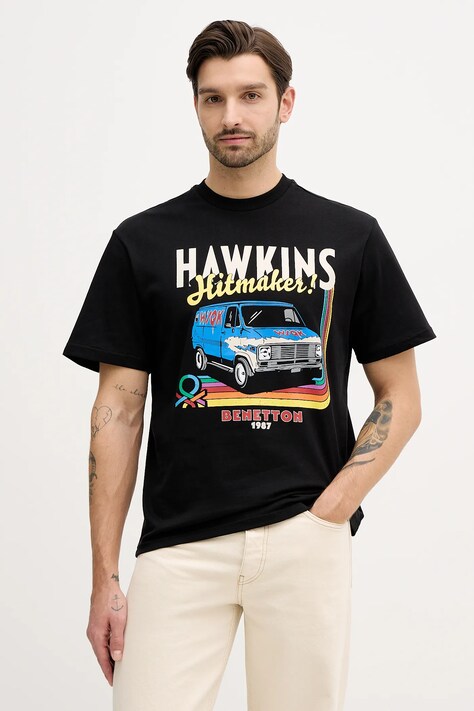 United Colors of Benetton t-shirt bawełniany x Stranger Things męski kolor czarny z nadrukiem 3BL0U10BB