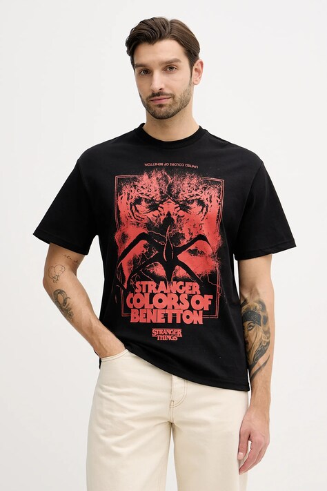 United Colors of Benetton t-shirt bawełniany x Stranger Things męski kolor czarny z nadrukiem 3BL0U10BB