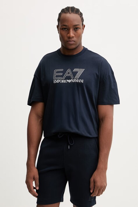 Bavlněné tričko EA7 Emporio Armani pánské, tmavomodrá barva, s potiskem, AF10375.7M001309