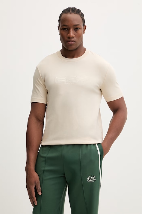 EA7 Emporio Armani t-shirt bawełniany męski kolor beżowy z aplikacją AF10441.7M001498