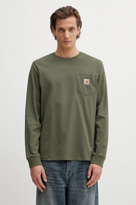 Carhartt WIP longsleeve bawełniany LS Pocket T-Shirt kolor zielony gładki I030437.11XX