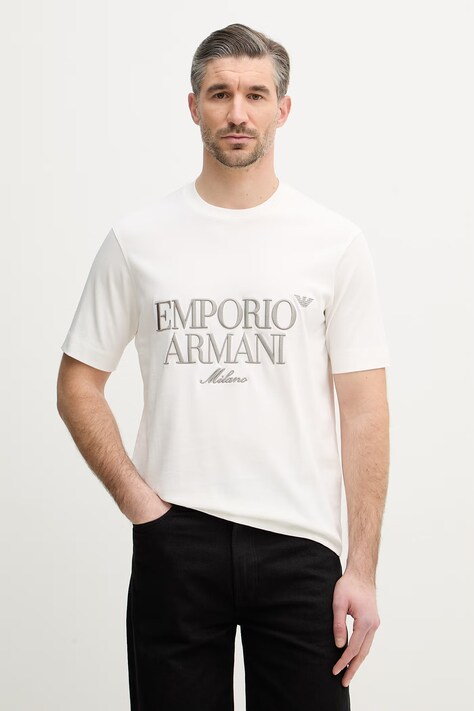 Emporio Armani t-shirt bawełniany męski kolor beżowy z aplikacją EM005359 AF13715