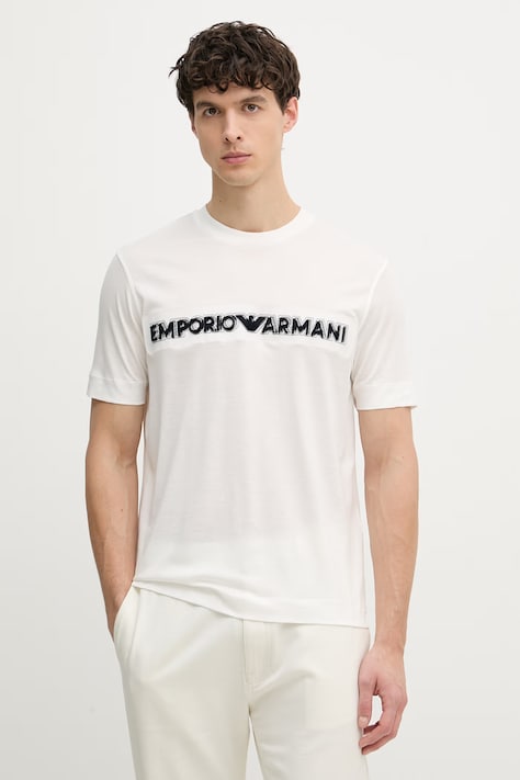 Emporio Armani t-shirt męski z lyocellem beżowy EM004520 AF13747