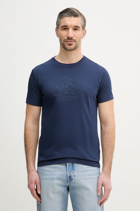 Trussardi t-shirt bawełniany męski kolor granatowy z nadrukiem G0278300125N