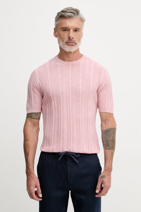 United Colors of Benetton úpletové tričko pánske s prímesou ľanu ružové 1DC3U10BL