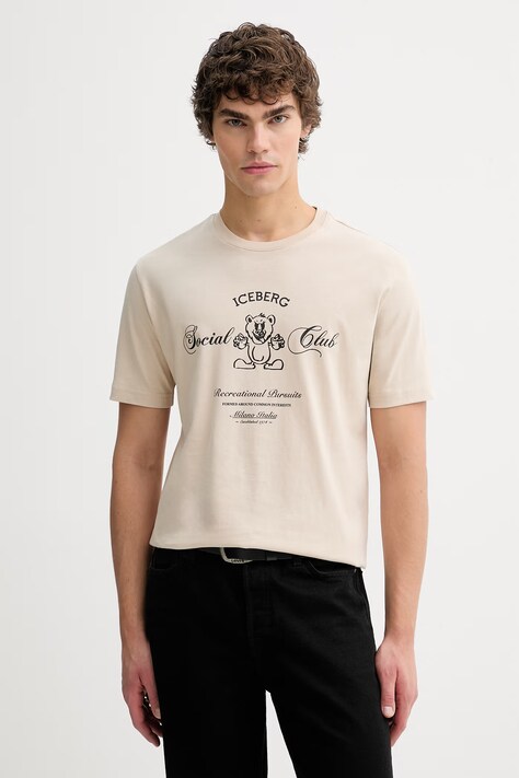 Iceberg t-shirt bawełniany męski kolor beżowy z nadrukiem F047 6306