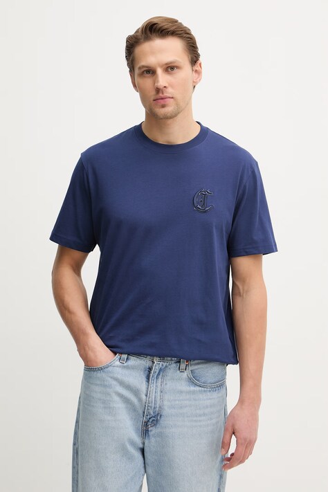 Just Cavalli t-shirt bawełniany męski kolor granatowy z aplikacją 80OAHT07 CJ500