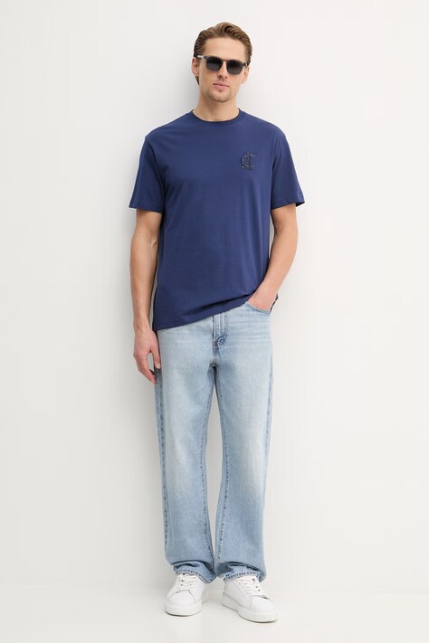 Just Cavalli t-shirt bawełniany męski kolor granatowy z aplikacją 80OAHT07 CJ500