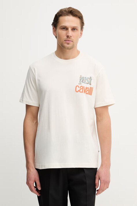 Just Cavalli t-shirt bawełniany męski kolor beżowy z nadrukiem 80OAHT14 CJ500