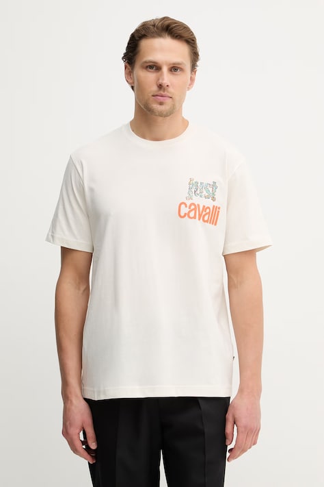 Just Cavalli t-shirt bawełniany męski kolor beżowy z nadrukiem 80OAHT14 CJ500