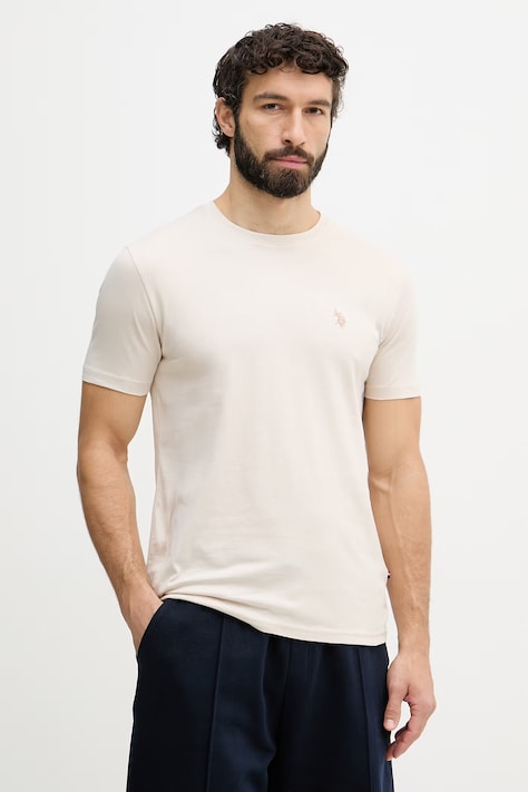 Bavlnené tričko U.S. Polo Assn. DHM pánske, béžová farba, s nášivkou, MUP3310