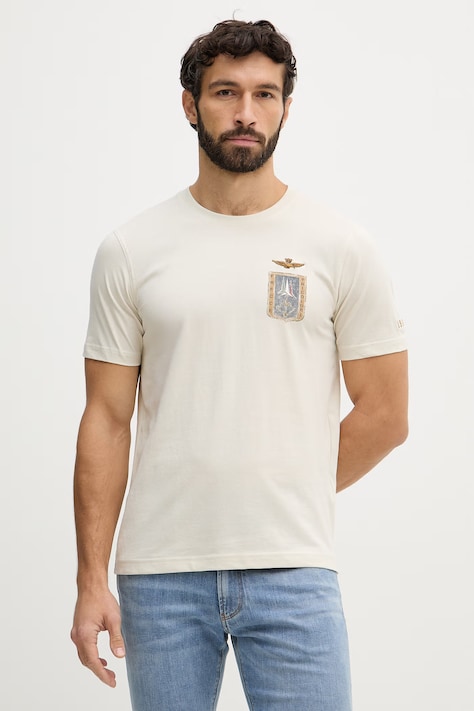 Aeronautica Militare t-shirt bawełniany męski kolor beżowy z nadrukiem TS2534UJ00641