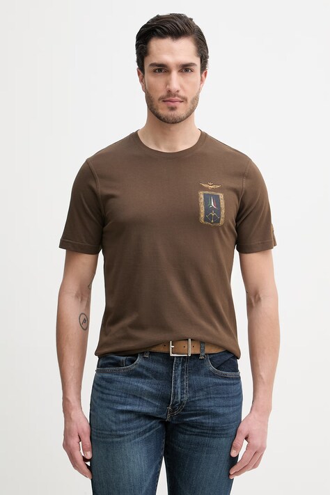 Aeronautica Militare t-shirt bawełniany męski kolor brązowy z nadrukiem TS2534UJ00641
