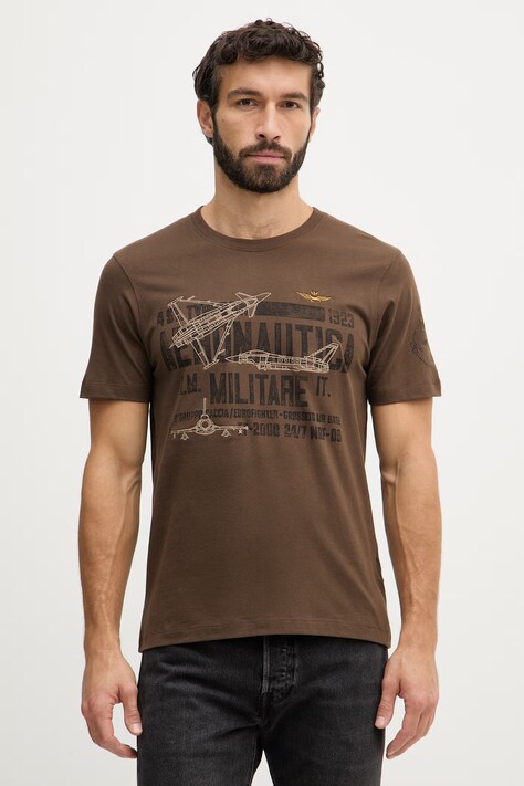 Aeronautica Militare t-shirt bawełniany męski kolor brązowy z nadrukiem TS2535UJ00641