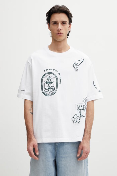 Maison Kitsuné Art Nouveau Stamps t-shirt oversize bawełniany męski biały QM00107KJ0119