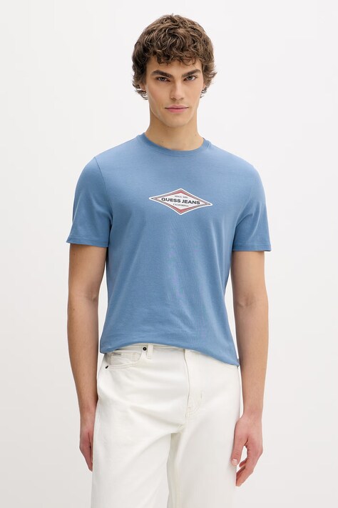 Bavlněné tričko Guess Jeans pánské, modrá barva, s potiskem, M6GIB4 K8HM0