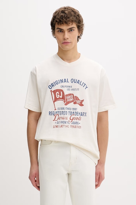 Bavlnené tričko Guess Jeans pánske, béžová farba, s potlačou, M6GIB8 K8FQ4