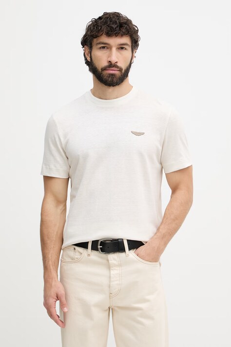 BOSS T-shirt męski z dodatkiem lnu BOSS X ASTON MARTIN beżowy 50558830