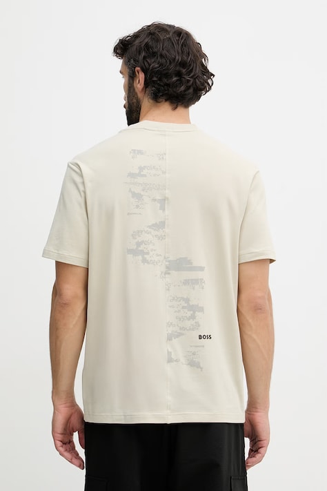 BOSS Green T-shirt męski z bawełną beżowy 50559235