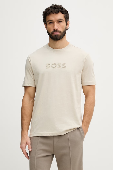 BOSS Green t-shirt męski bawełniany beżowy 50559361