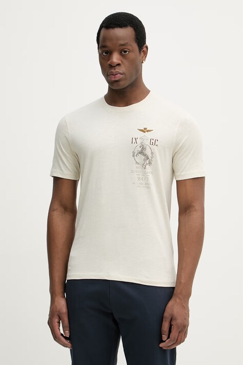 Aeronautica Militare t-shirt bawełniany męski kolor beżowy z nadrukiem TS2543UJ00686