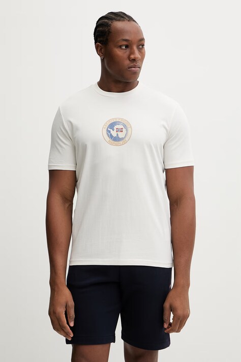 Napapijri t-shirt bawełniany PHOS męski kolor beżowy z nadrukiem NP0A4G5AN1A1